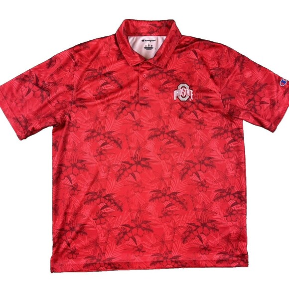 Champion Ohio State Buckeyes Floral Polo Shirt Mens Large Red Golf Hawaiian - Picture 1 of 7